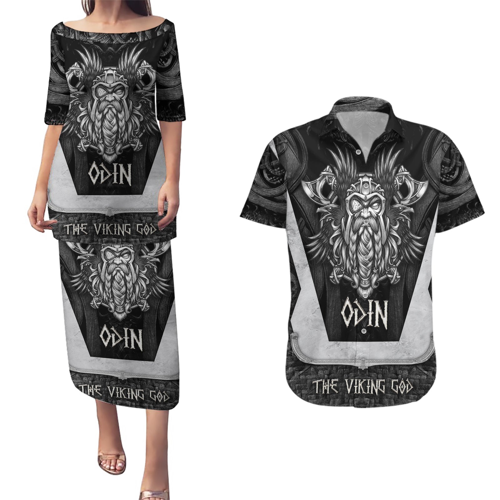 Odin The Viking God Couples Matching Puletasi Dress and Hawaiian Shirt - Wonder Print Shop