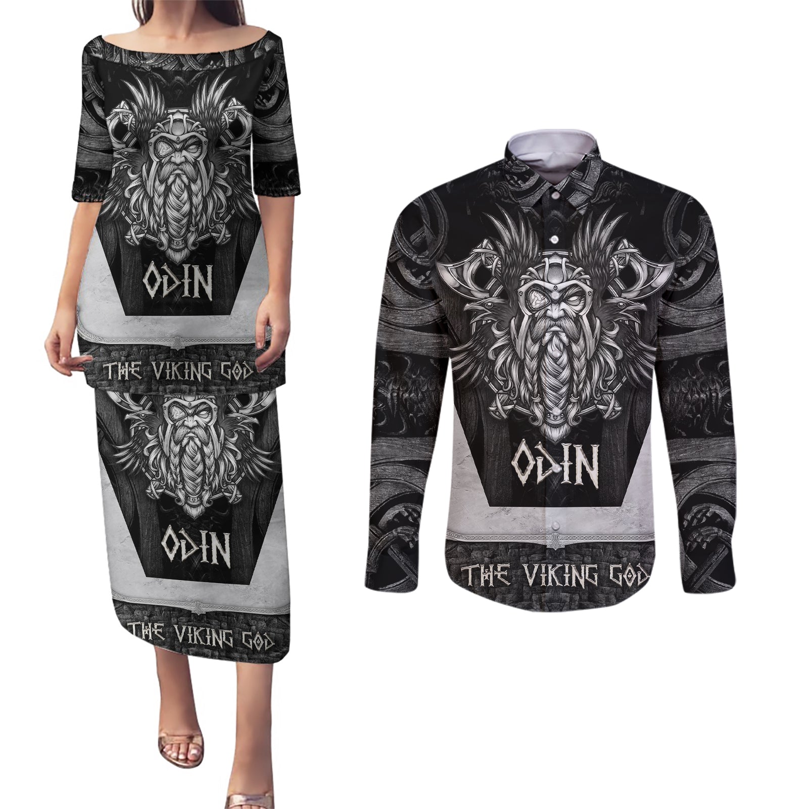 Odin The Viking God Couples Matching Puletasi Dress and Long Sleeve Button Shirts - Wonder Print Shop