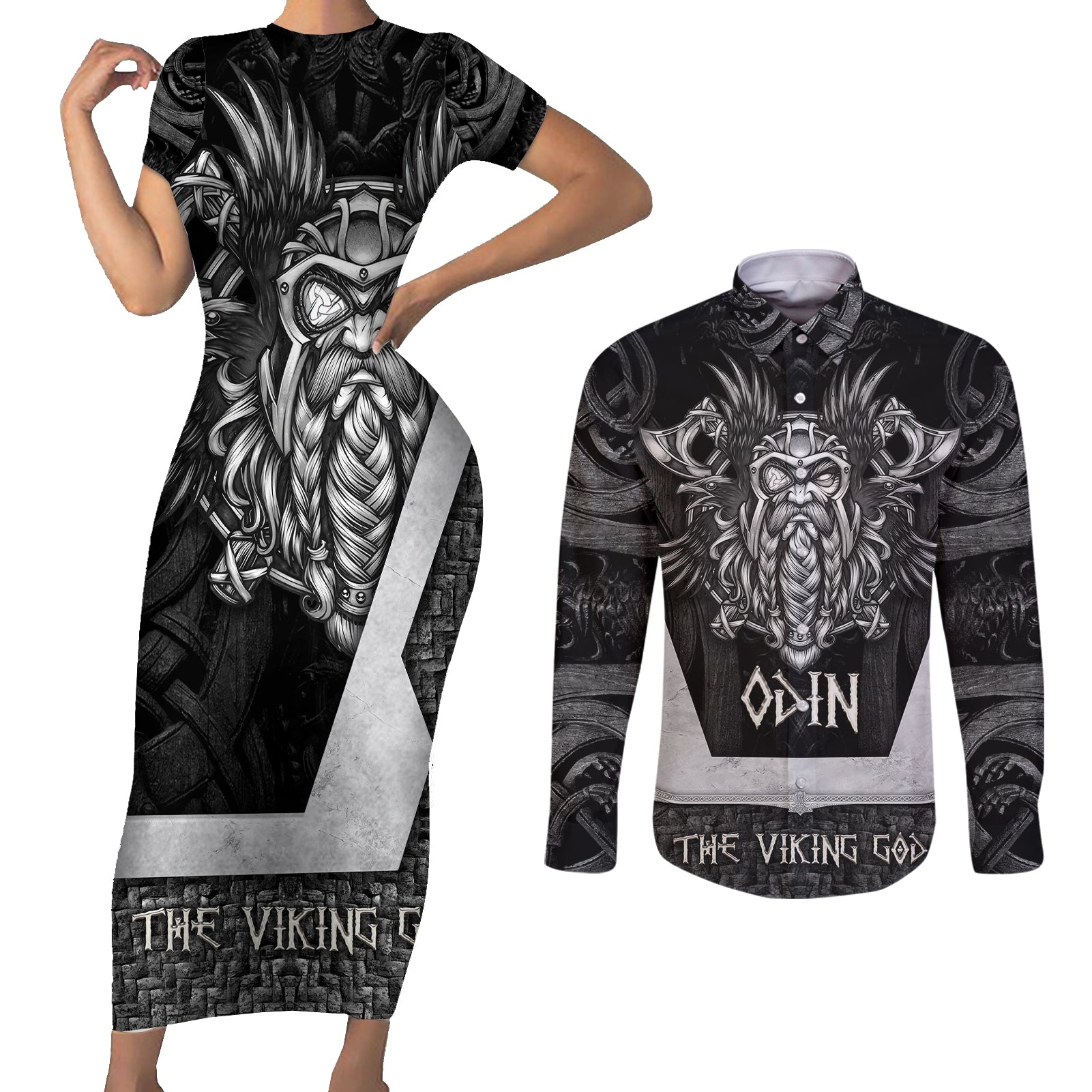 Odin The Viking God Couples Matching Short Sleeve Bodycon Dress and Long Sleeve Button Shirts - Wonder Print Shop