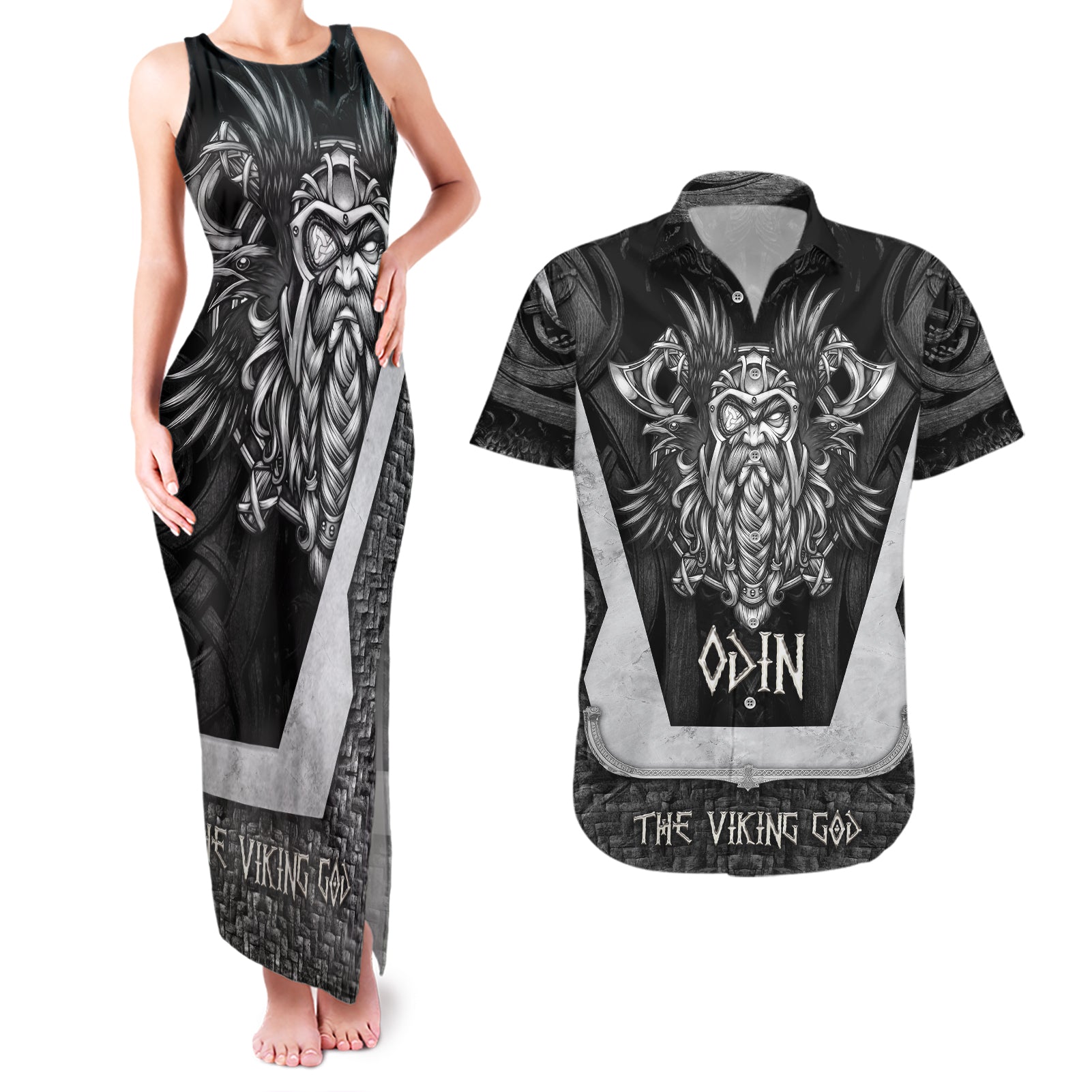 Odin The Viking God Couples Matching Tank Maxi Dress and Hawaiian Shirt - Wonder Print Shop