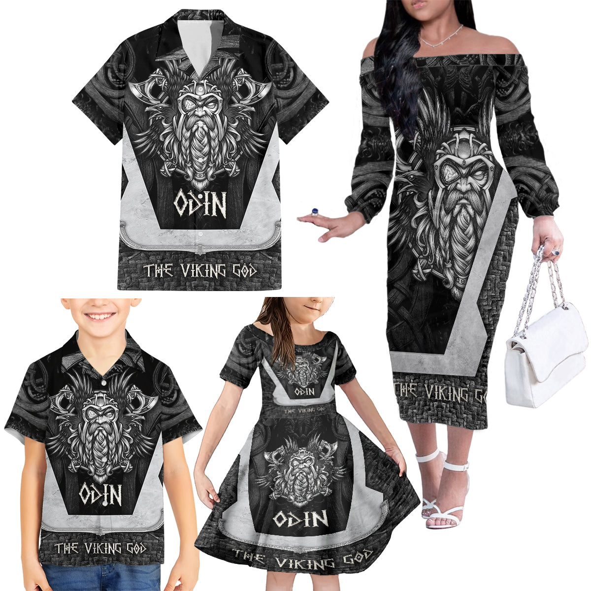 Odin The Viking God Family Matching Off Shoulder Long Sleeve Dress and Hawaiian Shirt - Wonder Print Shop