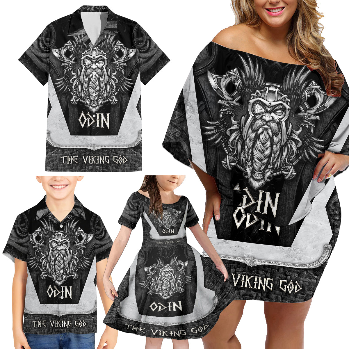 Odin The Viking God Family Matching Off Shoulder Short Dress and Hawaiian Shirt - Wonder Print Shop