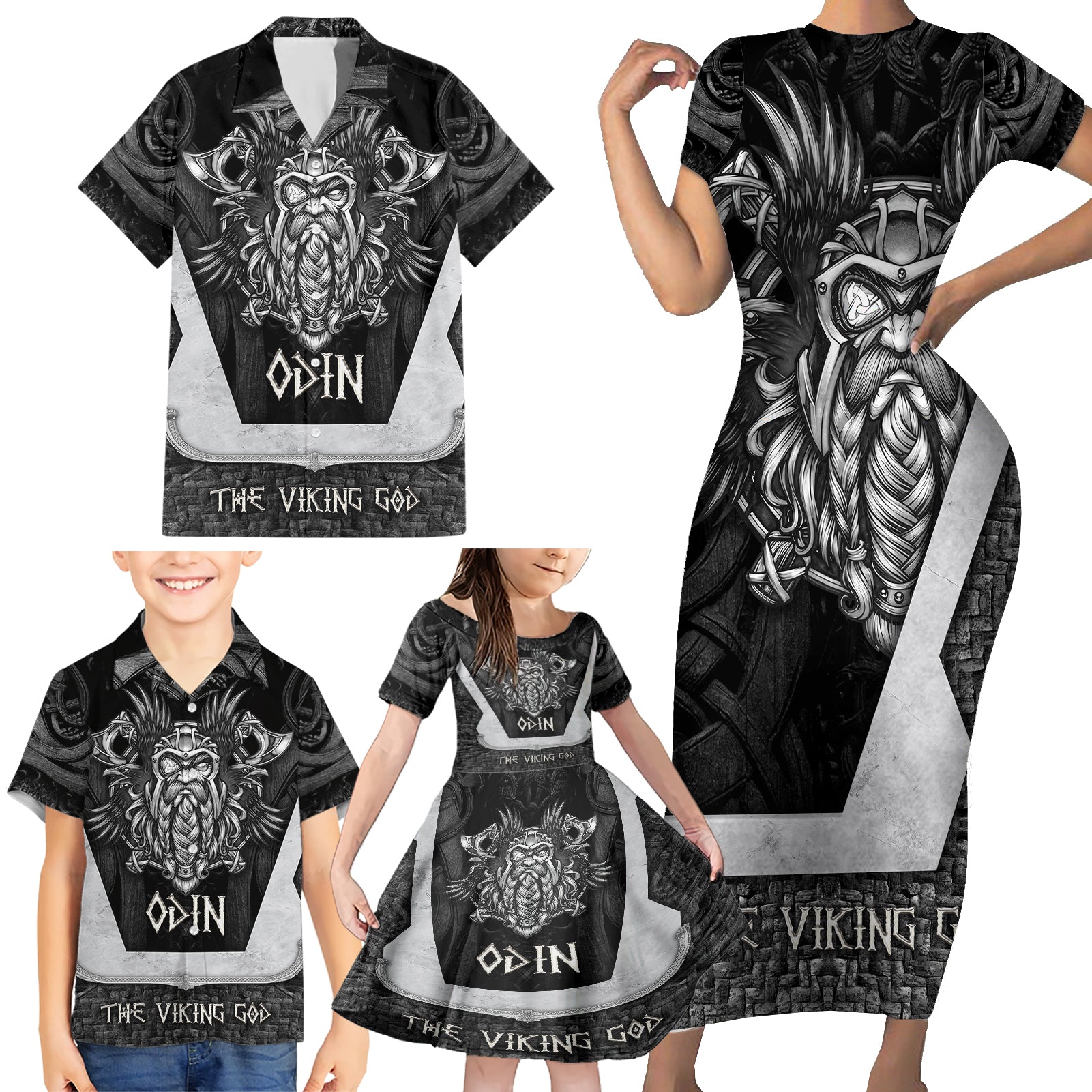 Odin The Viking God Family Matching Short Sleeve Bodycon Dress and Hawaiian Shirt - Wonder Print Shop