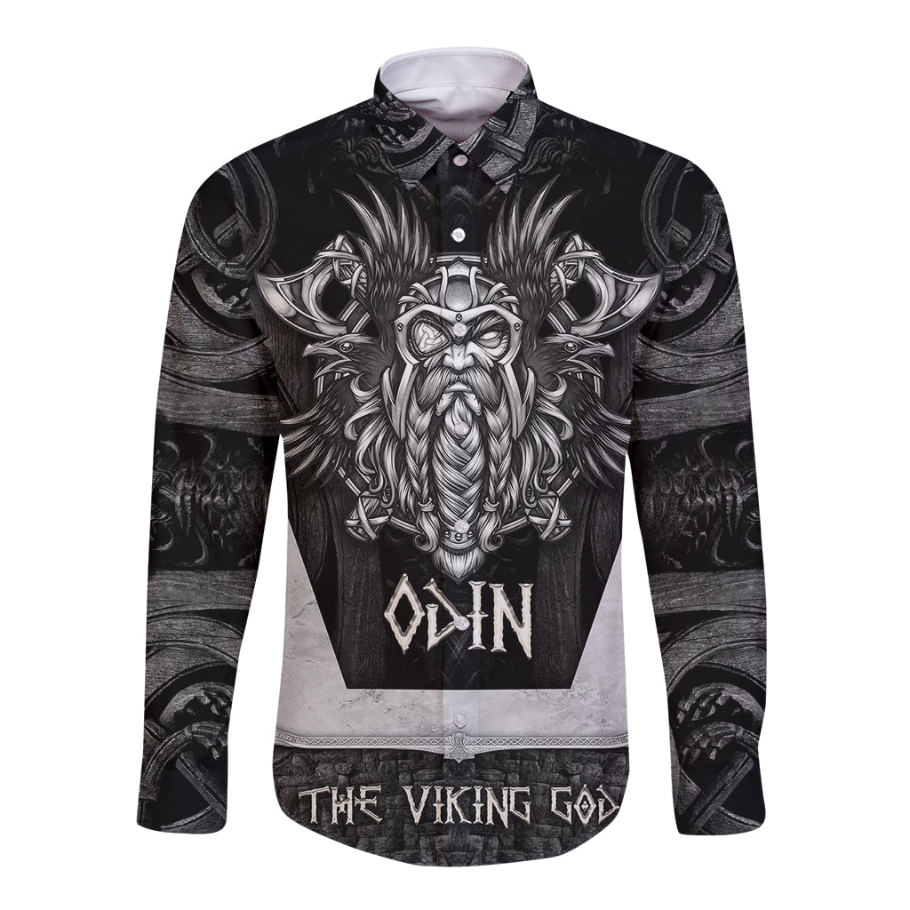 Black long-sleeve button shirt with Odin graphic, chest panel print and curved hem