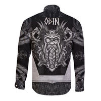 Black long-sleeve button shirt with large centered Odin portrait and back print
