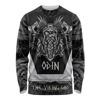Black long-sleeve graphic shirt with Odin head and VIKING GOD print, unisex fit