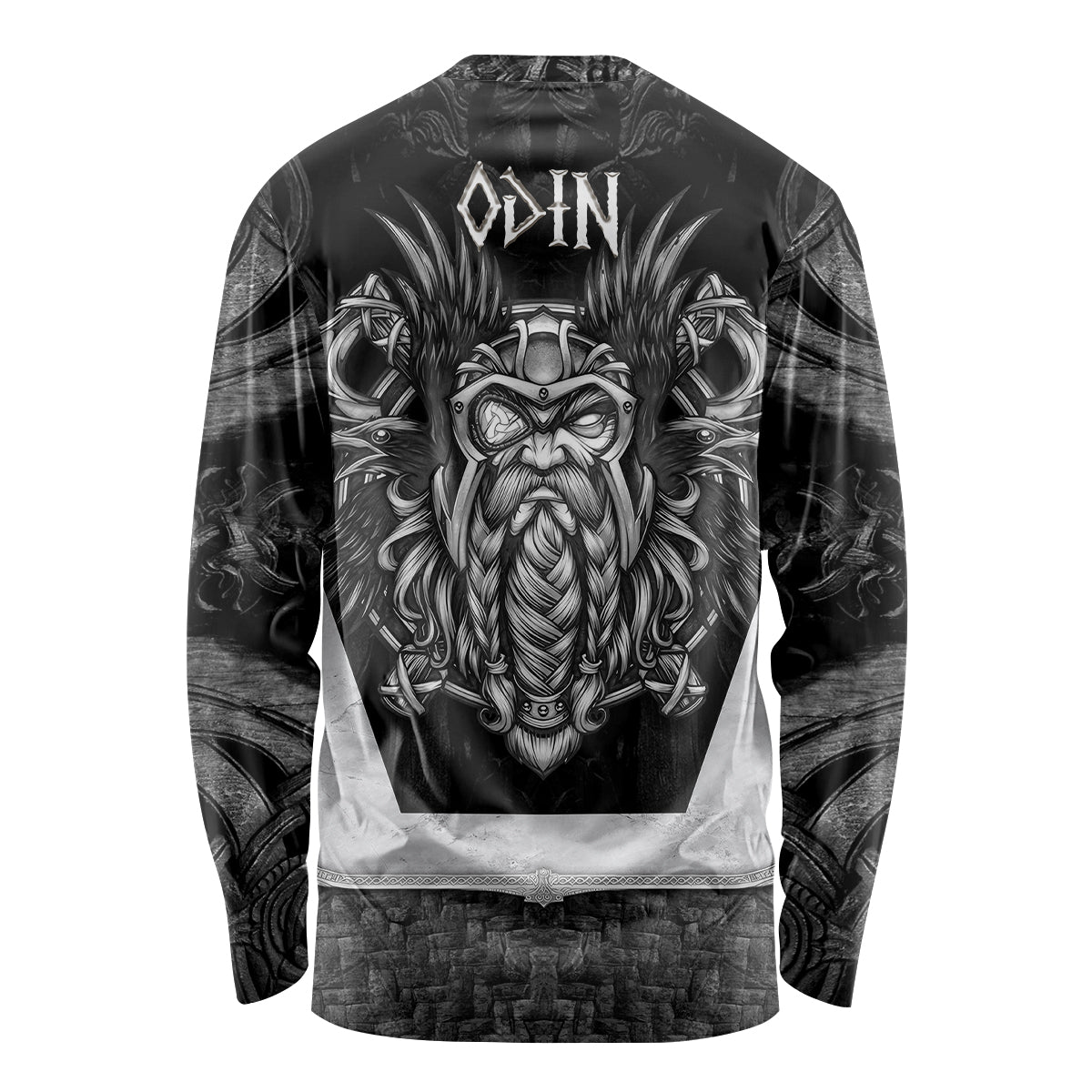 Black long-sleeve graphic shirt with Odin head centered on back, rune details