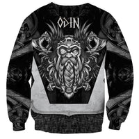 Unisex black crewneck sweatshirt with Odin viking face graphic and rune-style wings