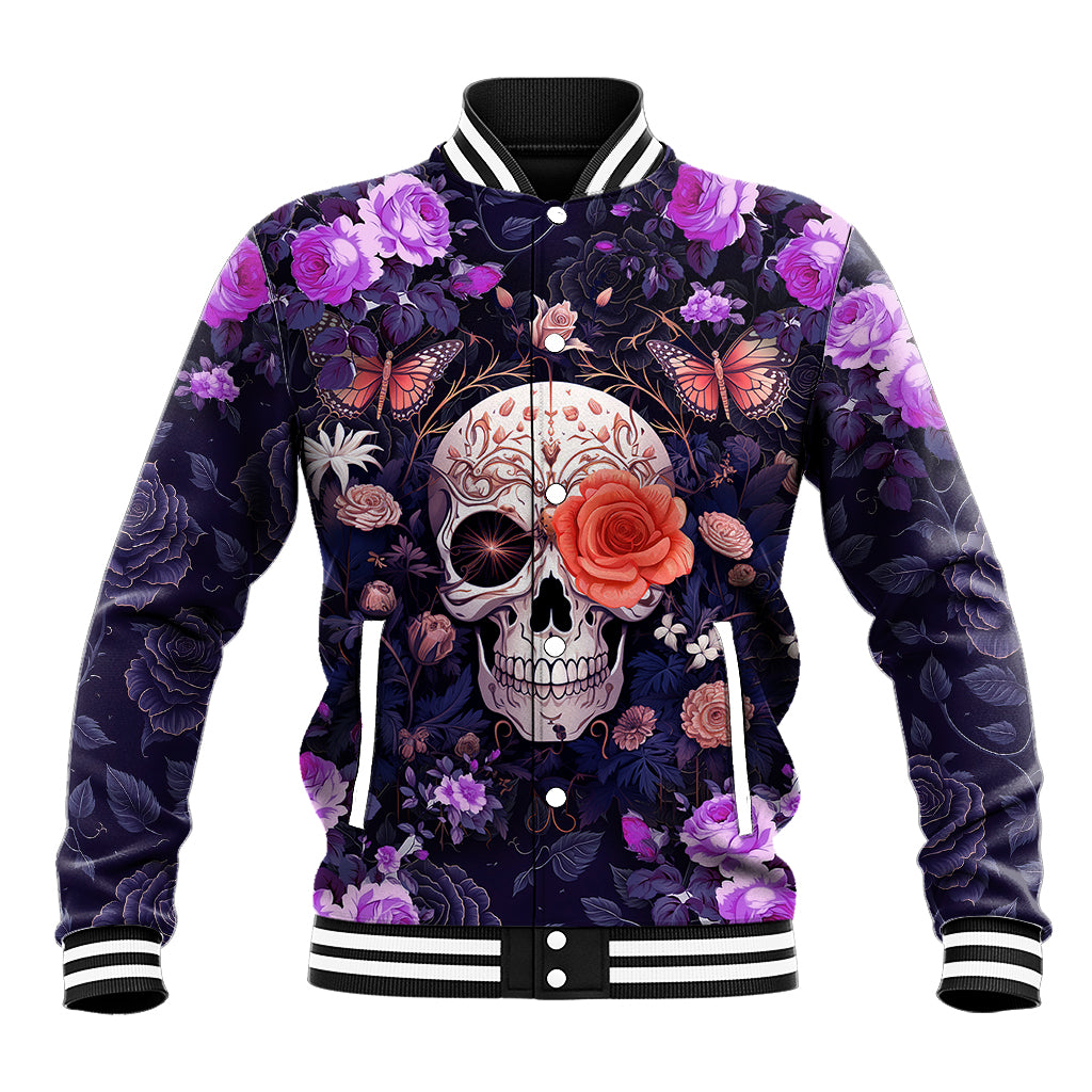 Unisex varsity baseball jacket, dark floral skull graphic with button placket and striped trim