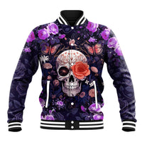 Unisex varsity baseball jacket, dark floral skull graphic with button placket and striped trim