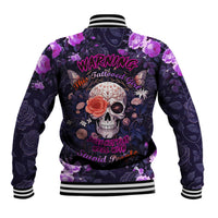 Unisex baseball jacket with skull and roses, purple floral butterfly print, striped collar