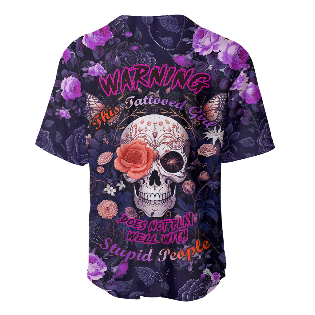 Multicolor baseball jersey with purple florals, skull, and warning text