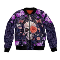 Multicolor bomber jacket with purple roses, skull face, butterflies, and front zip