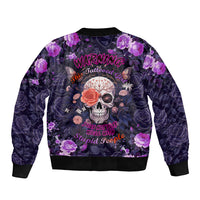 Multicolor bomber jacket with purple roses, skull graphic, and 'Warning' text on back