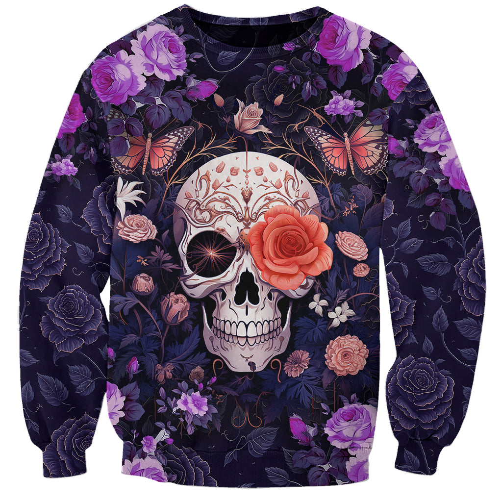Unisex sweatshirt with floral skull and butterflies, 'Warning' text, crewneck long sleeves