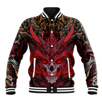 Unisex baseball jacket with red skull chest graphic, button front, striped ribbed trim