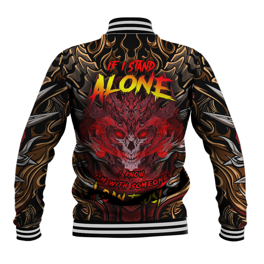 Unisex baseball jacket with red skull flame back graphic, black striped ribbed collar