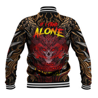 Unisex baseball jacket with red skull flame back graphic, black striped ribbed collar