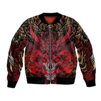 Multicolor bomber jacket with front zip, red and black art, gold flame swirls