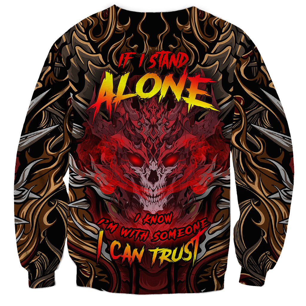 Unisex sweatshirt with fiery skull graphic, gold and red flame accents, crew neck