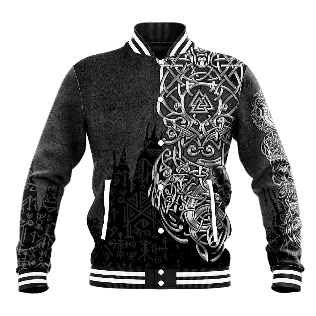 Black baseball jacket with white striped ribbed collar and large silver knotwork graphic