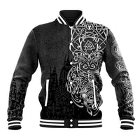 Black baseball jacket with white striped ribbed collar and large silver knotwork graphic