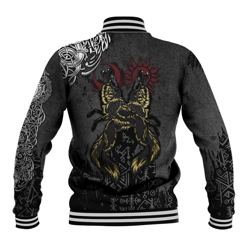 Black baseball jacket back with celtic knotwork and two wolf graphic with yellow fur