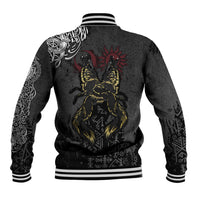 Black baseball jacket back with celtic knotwork and two wolf graphic with yellow fur