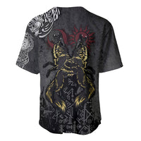 Baseball jersey back view, dark gray with two ravens, yellow feathers, red accents