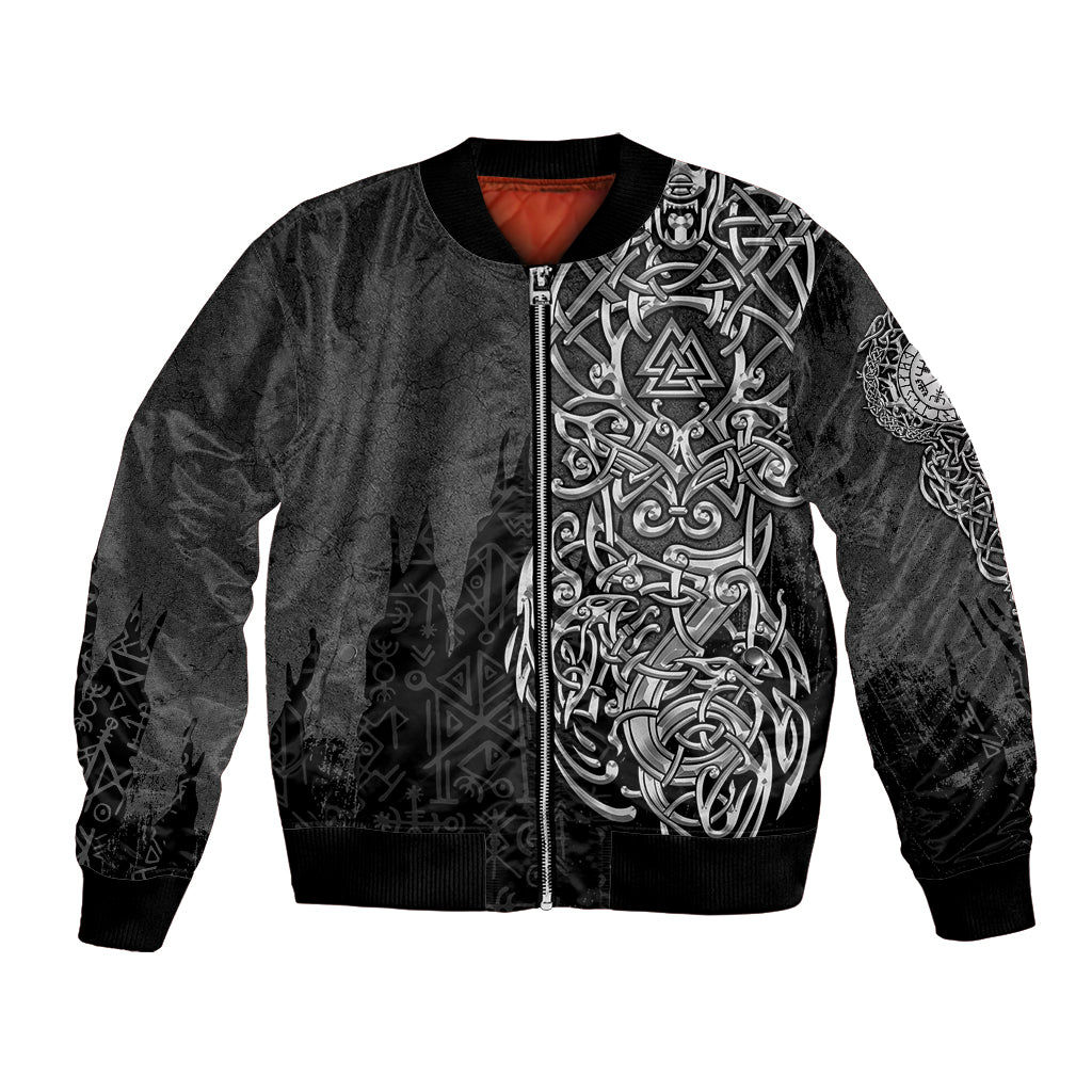 Black unisex bomber jacket with front Norse knot graphic and zipper, red lining at collar