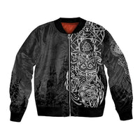 Black unisex bomber jacket with front Norse knot graphic and zipper, red lining at collar