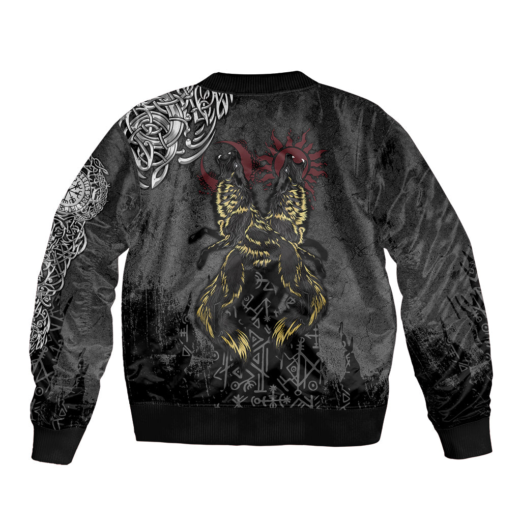 Black unisex bomber jacket with back ravens graphic in yellow and red, ribbed hem and cuffs