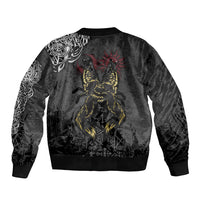 Black unisex bomber jacket with back ravens graphic in yellow and red, ribbed hem and cuffs