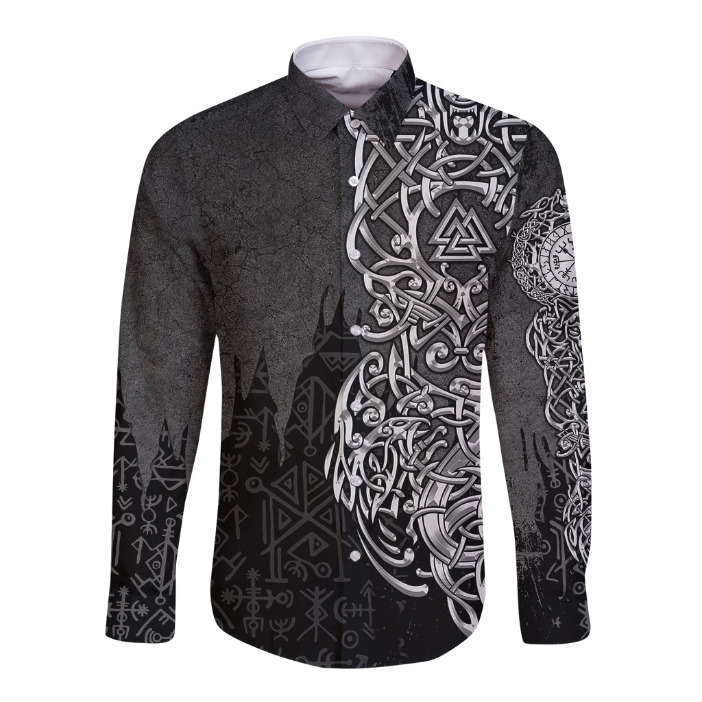 Long-sleeve button shirt in dark gray with large Viking-style graphic on front