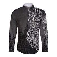 Long-sleeve button shirt in dark gray with large Viking-style graphic on front