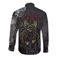 Long-sleeve button shirt in dark gray with two wolves graphic on back