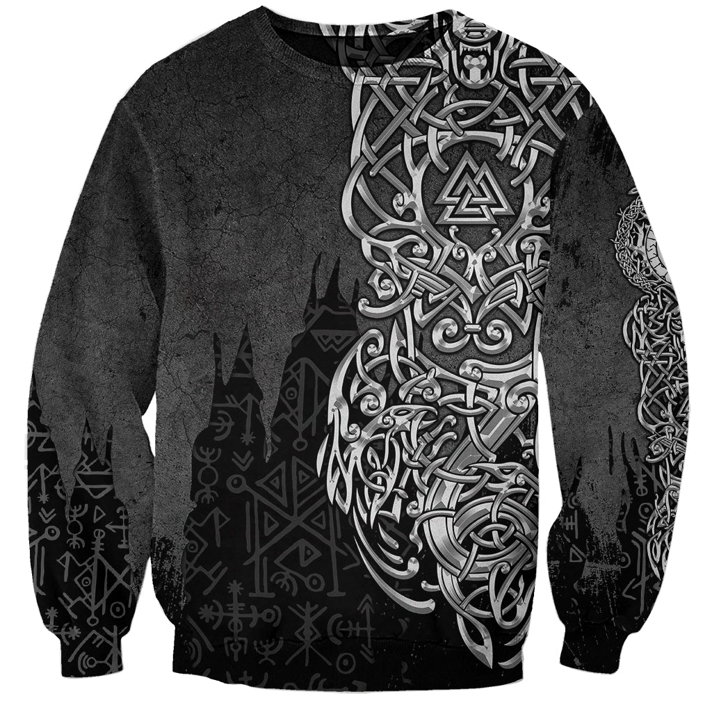 Unisex black sweatshirt with large Viking knot wolf graphic and rune patterns
