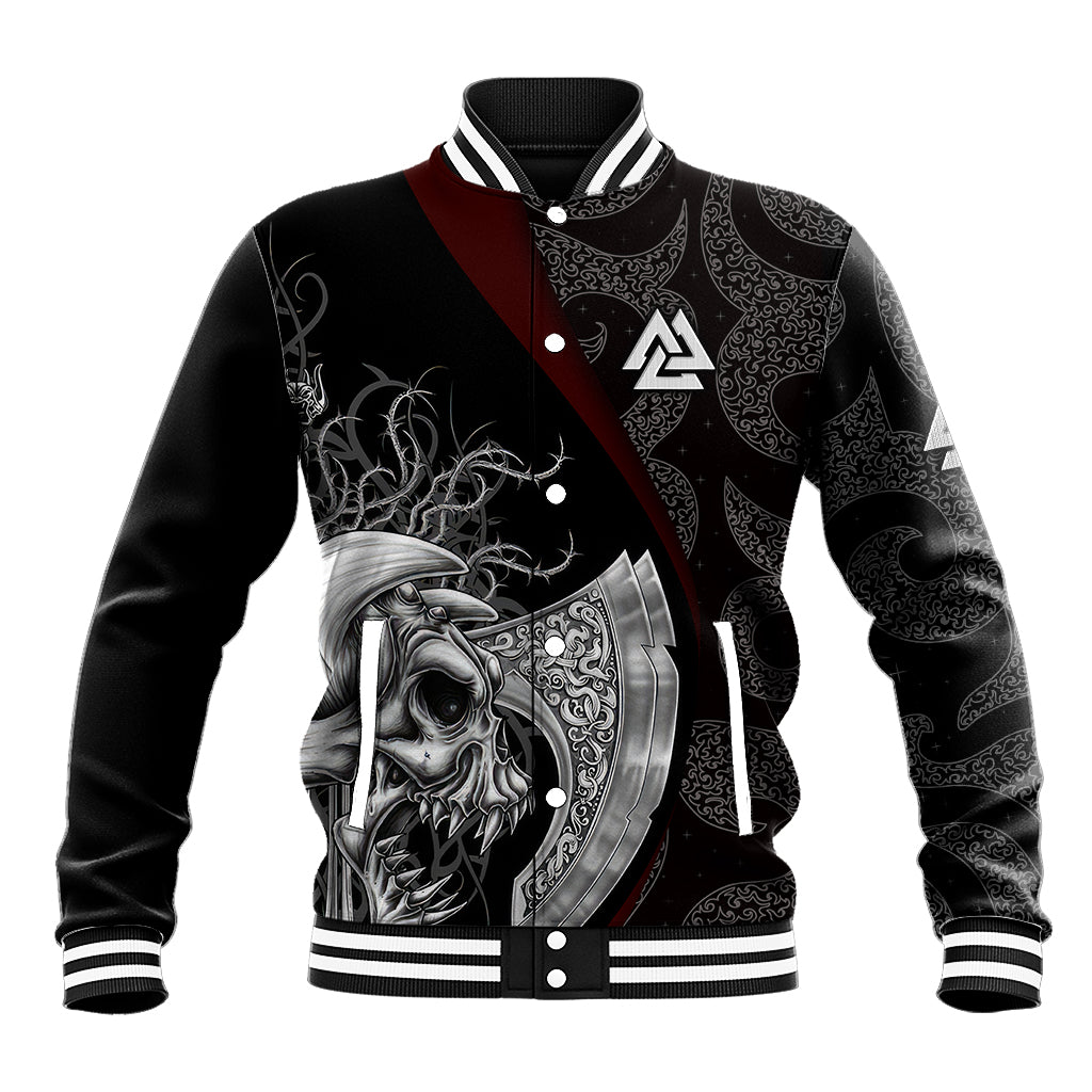 Black unisex baseball jacket with skull warrior graphic, snap button front and striped cuffs