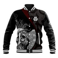 Black unisex baseball jacket with skull warrior graphic, snap button front and striped cuffs