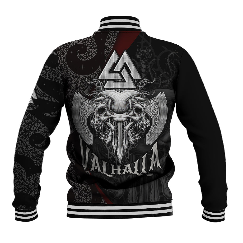 Black unisex baseball jacket with skull and axe graphic, ribbed striped collar and cuffs