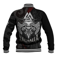 Black unisex baseball jacket with skull and axe graphic, ribbed striped collar and cuffs