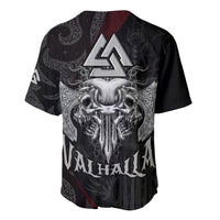 Black baseball jersey with silver Viking skull, runes, and Valhalla graphic