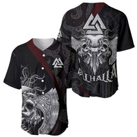 Set of two black baseball jerseys with maroon accents and Viking skull graphics