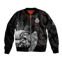 Black unisex bomber jacket with zip front and large skull armor print, red inner lining