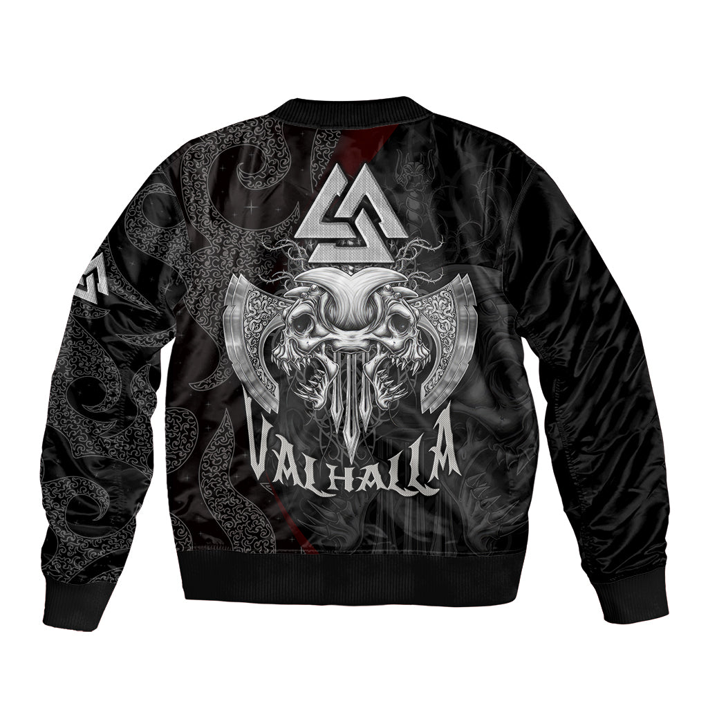 Black unisex bomber jacket with skull graphic, runes, and red accent stripes; ribbed cuffs