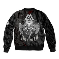 Black unisex bomber jacket with skull graphic, runes, and red accent stripes; ribbed cuffs