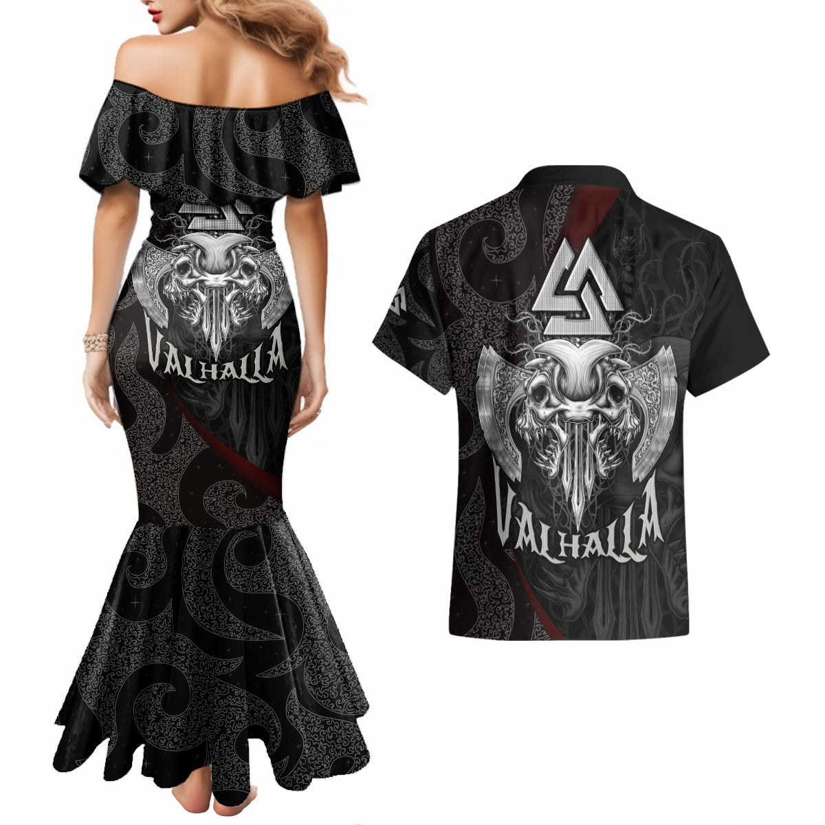 Viking Valhalla Couples Matching Mermaid Dress and Hawaiian Shirt Skull And Axe - Wonder Print Shop