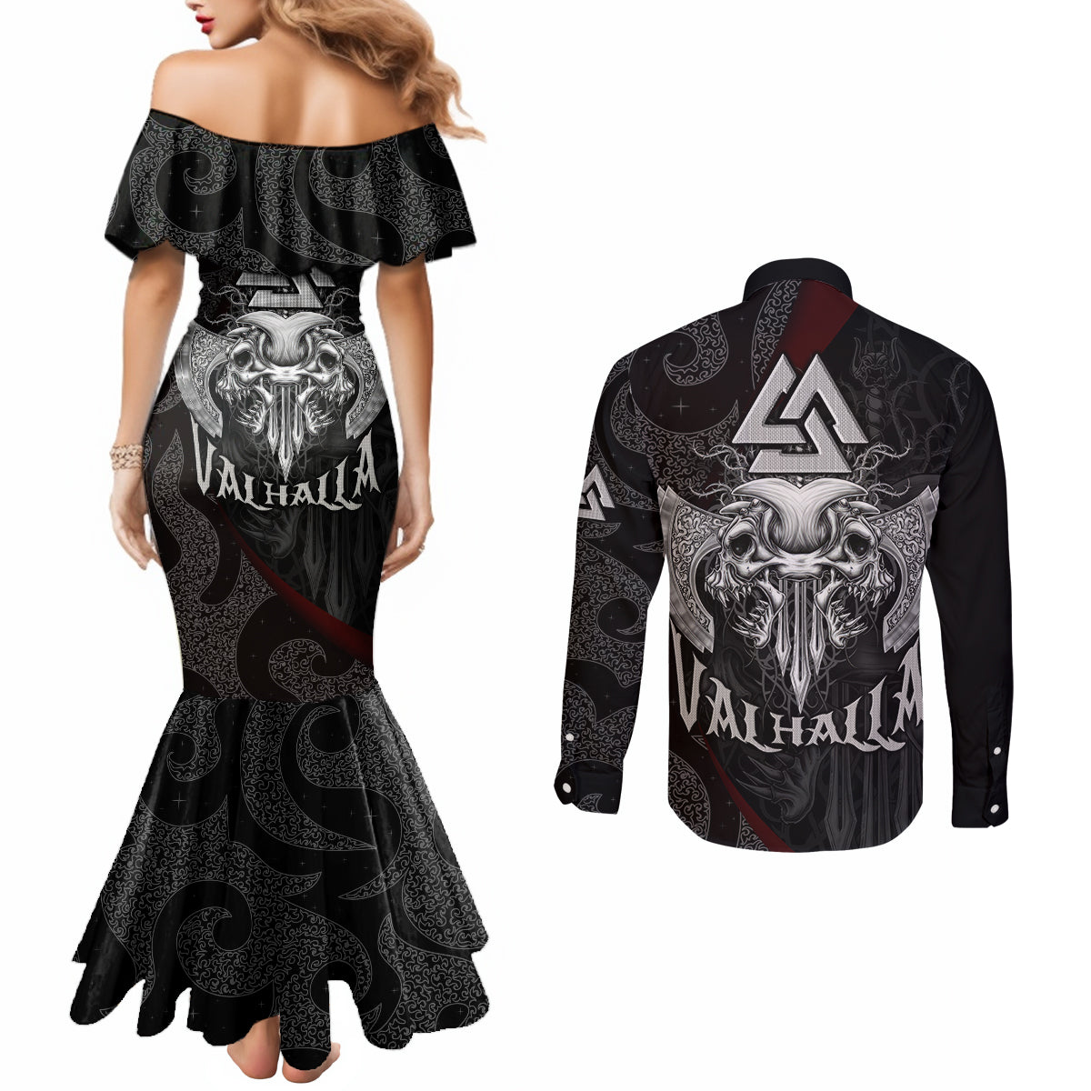 viking-valhalla-couples-matching-mermaid-dress-and-long-sleeve-button-shirts-skull-and-axe