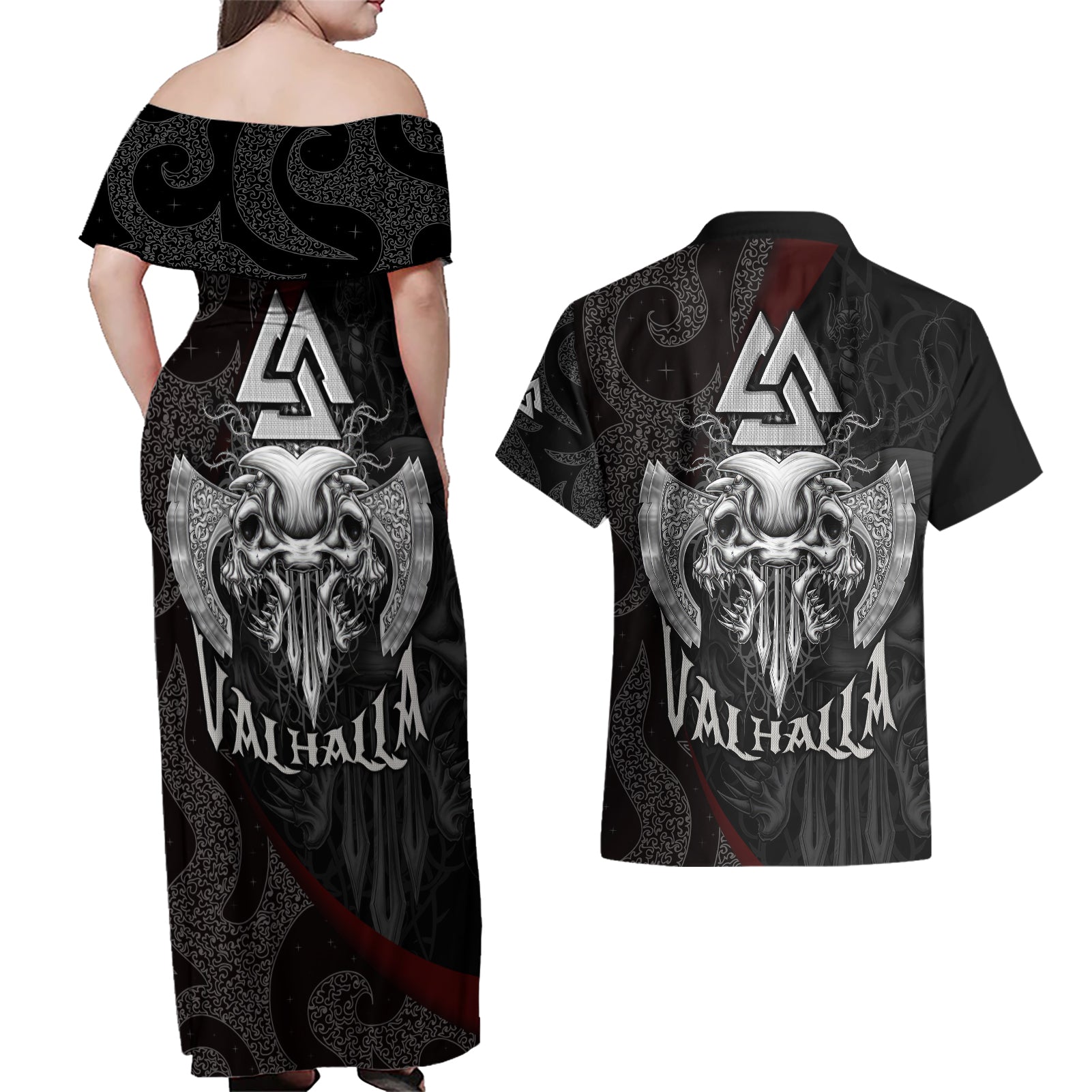 Viking Valhalla Couples Matching Off Shoulder Maxi Dress and Hawaiian Shirt Skull And Axe - Wonder Print Shop