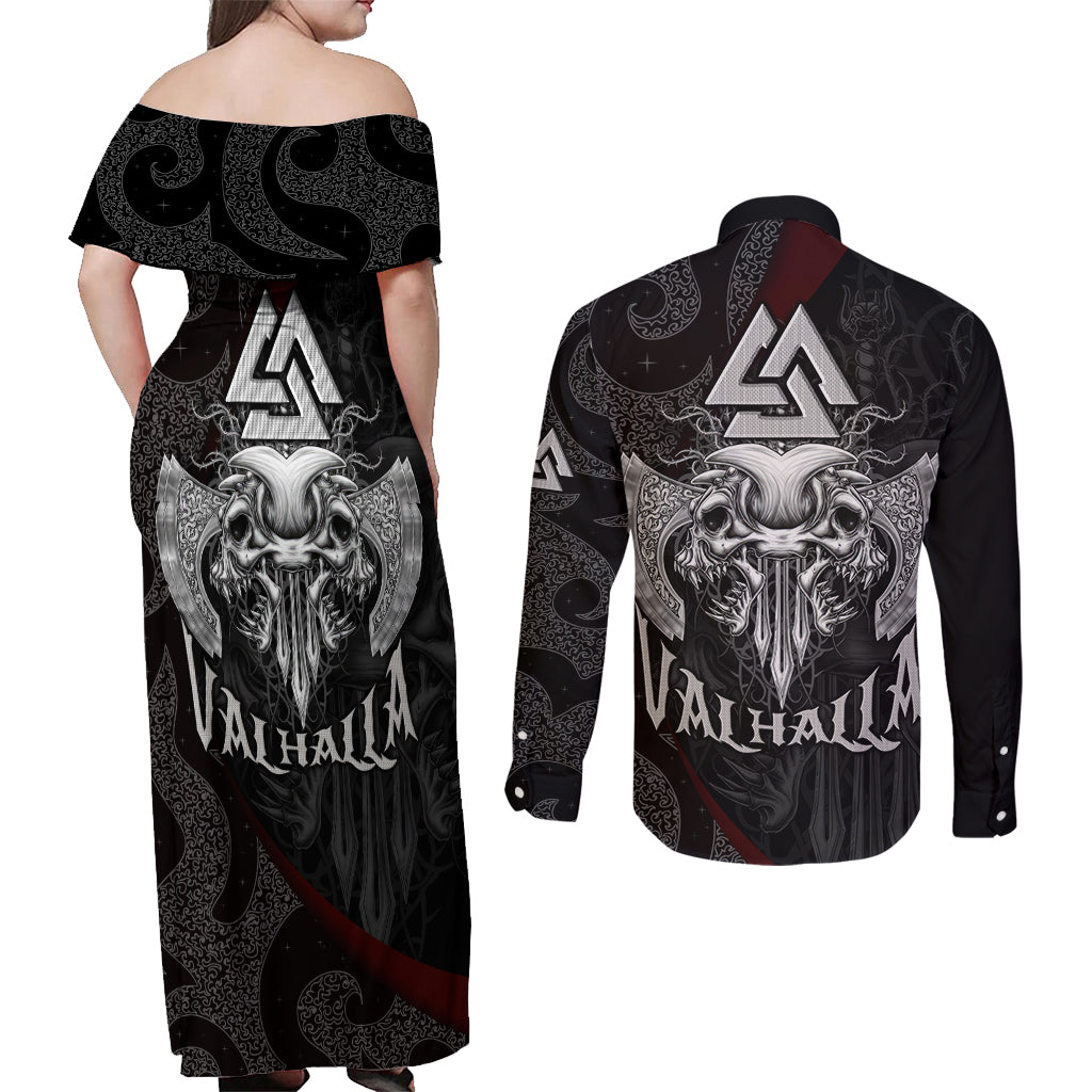 Viking Valhalla Couples Matching Off Shoulder Maxi Dress and Long Sleeve Button Shirts Skull And Axe - Wonder Print Shop